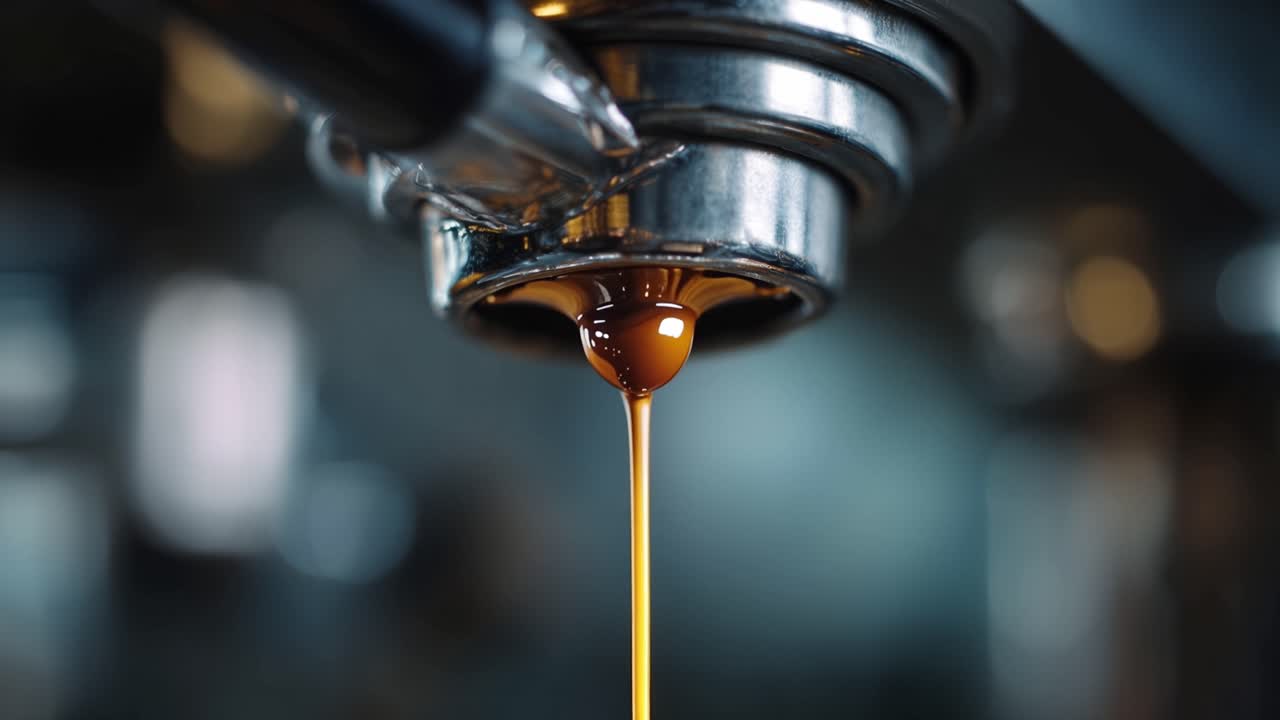 Espresso dorato gocciola lentamente da un beccuccio metallico. La luce cattura la goccia, formando una sfera perfetta. La messa a fuoco esalta il momento, mentre lo sfondo sfuma delicatamente
