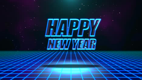 happy new year with neon blue grid in galaxy in 90s style 1