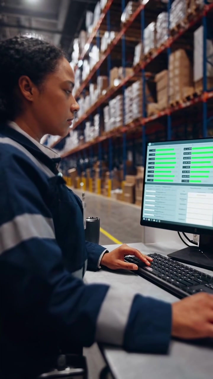Warehouse Worker Monitoring Inventory Data on Computer