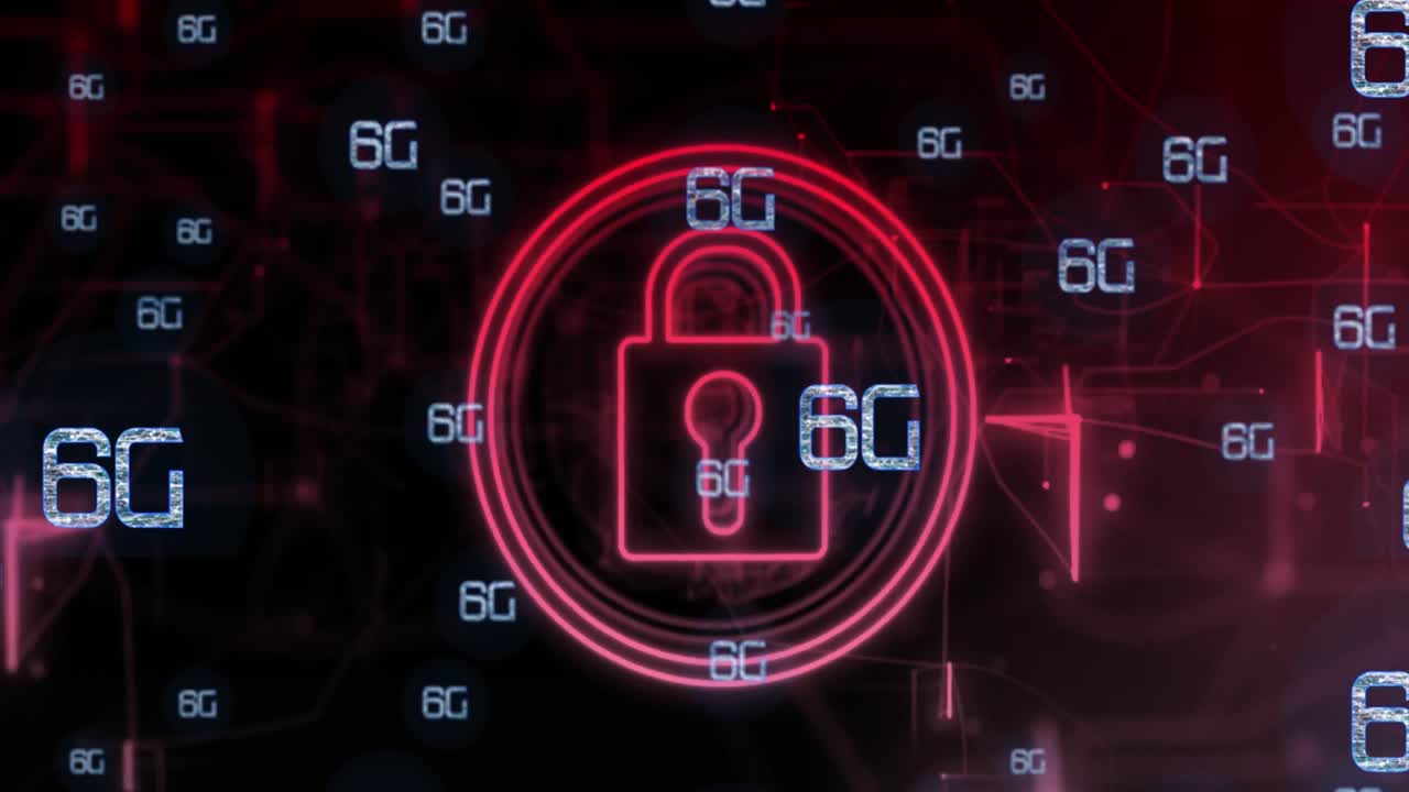 animación de múltiples pancartas de texto 6g y iconos de candados de seguridad y senderos de luz roja.