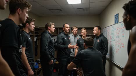 a focused discussion among coaches and players in a locker room setting, examining strategy and team dynamics before an important game