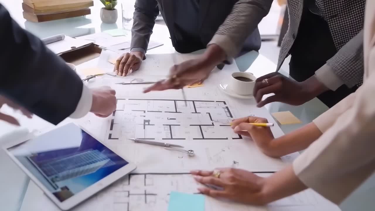 Ângulo superior de diversas mãos colaborando em projetos, evocando o trabalho em equipe em um cenário de vídeo