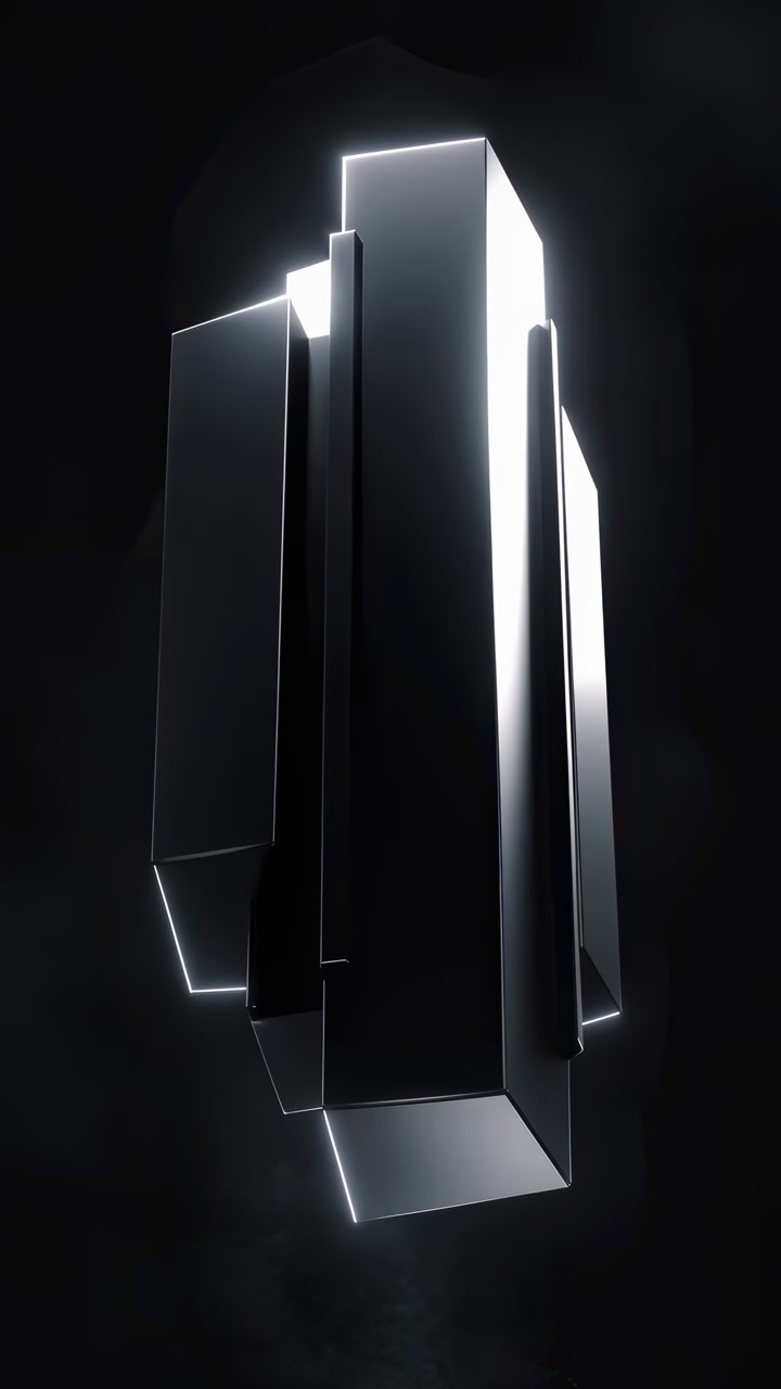 Futuristic Black Glass Monoliths Floating, Towering Geometric Panes With Glossy Reflective Surfaces And Sharp