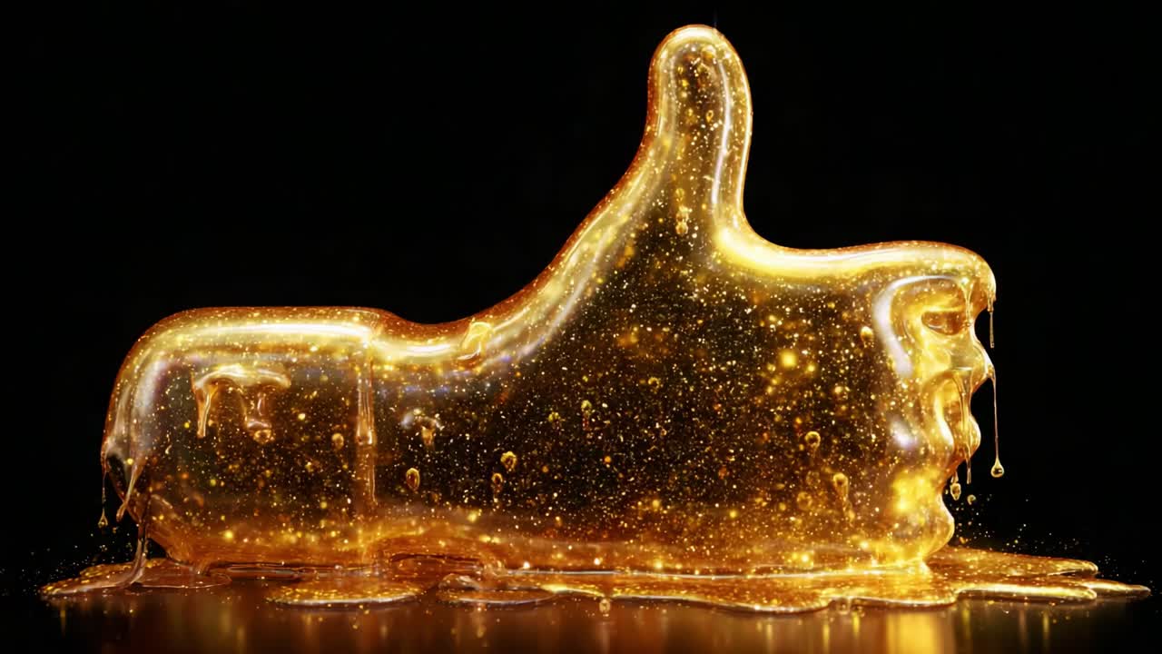 A stunning golden thumbs-up sculpture, capturing the essence of positivity and celebration, shines against a dark background, showcasing a unique, glossy texture with sparkling details