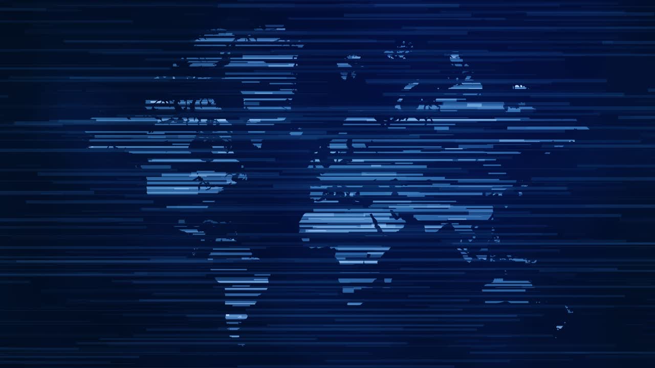 loopbare geanimeerde blauwe wereldkaart met horizontale beweging met strepen en abstracte vormen, ideaal voor digitale en zakelijke presentaties
