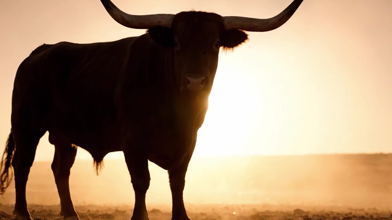 Siluet Megah Banteng Longhorn Berdiri di Tengah Matahari Terbenam yang Memukau, Membangkitkan Kekuatan dan Keindahan Alam di Senja yang Tenang di Lanskap Luas