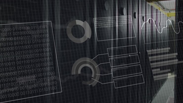 Animation af binær kode og databehandling over computerservere.