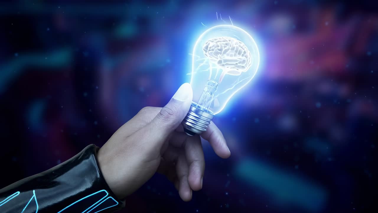Primo piano di un video in cui una mano tiene in mano una lampadina luminosa con un cervello all'interno, stile futuristico