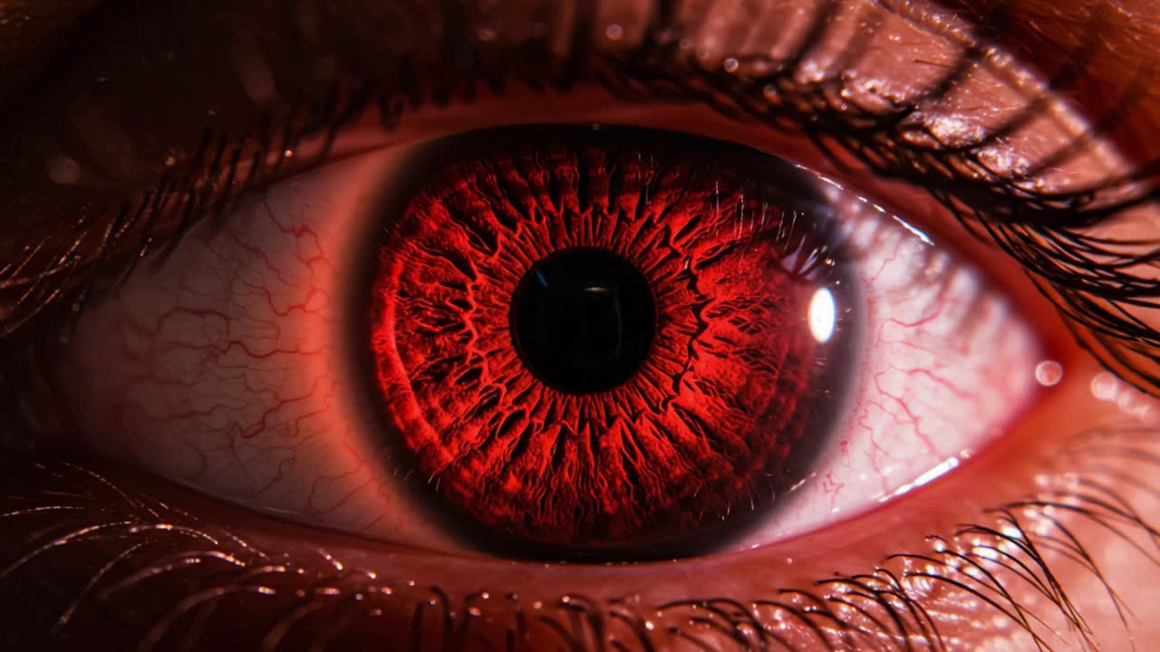 Captivating Close-Up of an Eye Featuring Striking Red Iris and Intricate Patterns, Highlighting the Depth and Detail in Human Vision