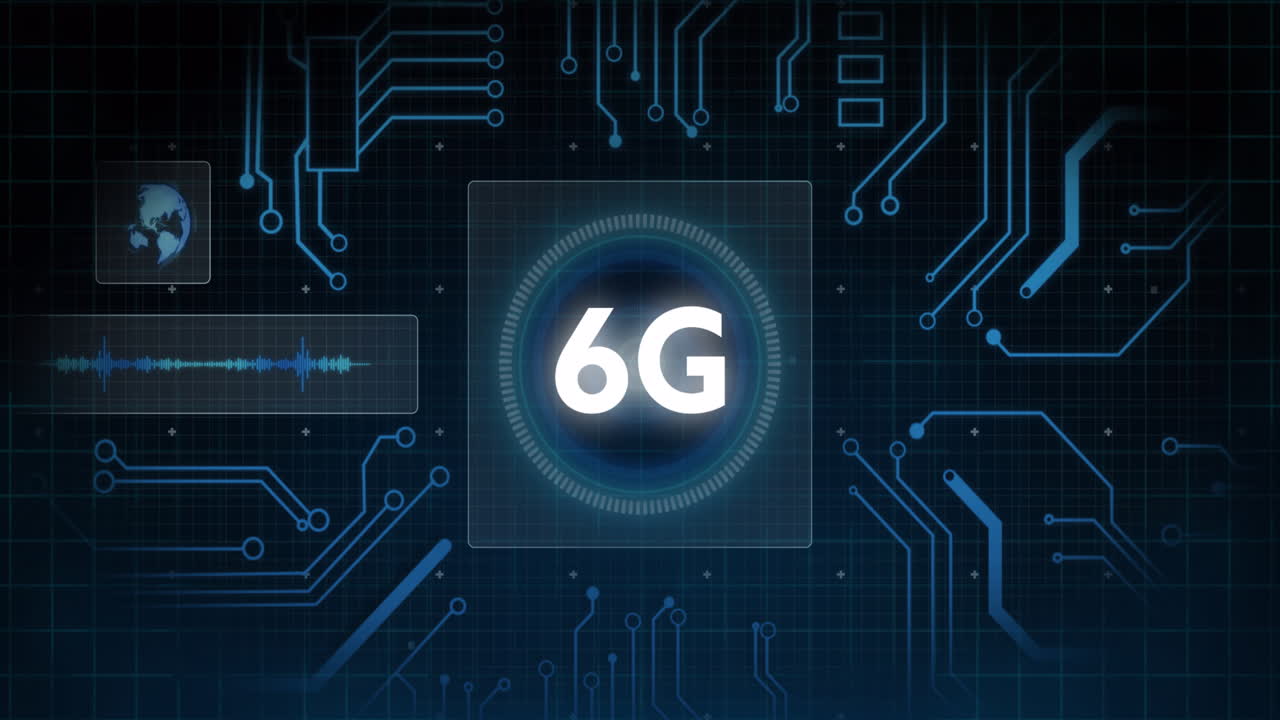 animación de texto de 6g, procesamiento de datos y alcance en pantallas sobre cuadrícula sobre fondo azul oscuro