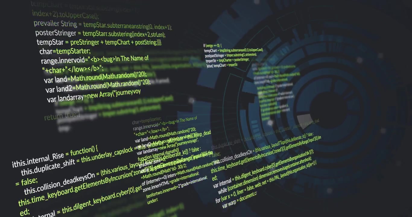 Incoming code block sliding from left, panels shifting and HUD rotating to highlight JavaScript