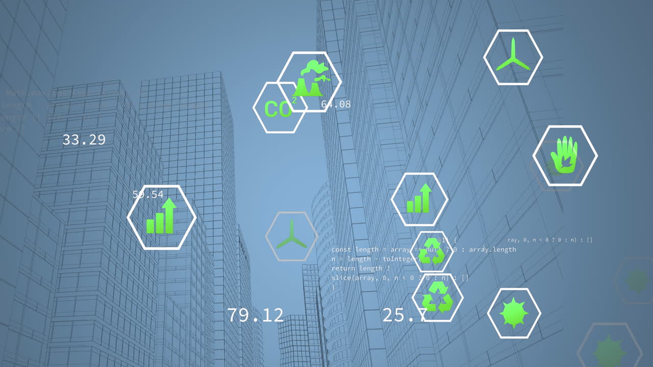 현대적인 사무실 건물에서 에코 아이콘과 데이터 처리의 애니메이션