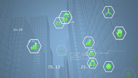 Animación-De-íconos-Ecológicos-Y-Procesamiento-De-Datos-En-Edificios-De-Oficinas-Modernos.