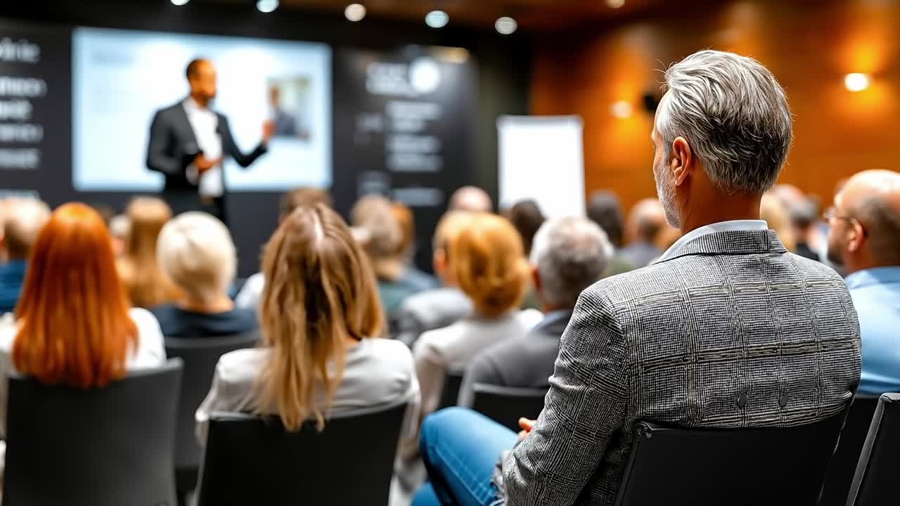 um homem dando uma apresentação a um grande grupo de pessoas