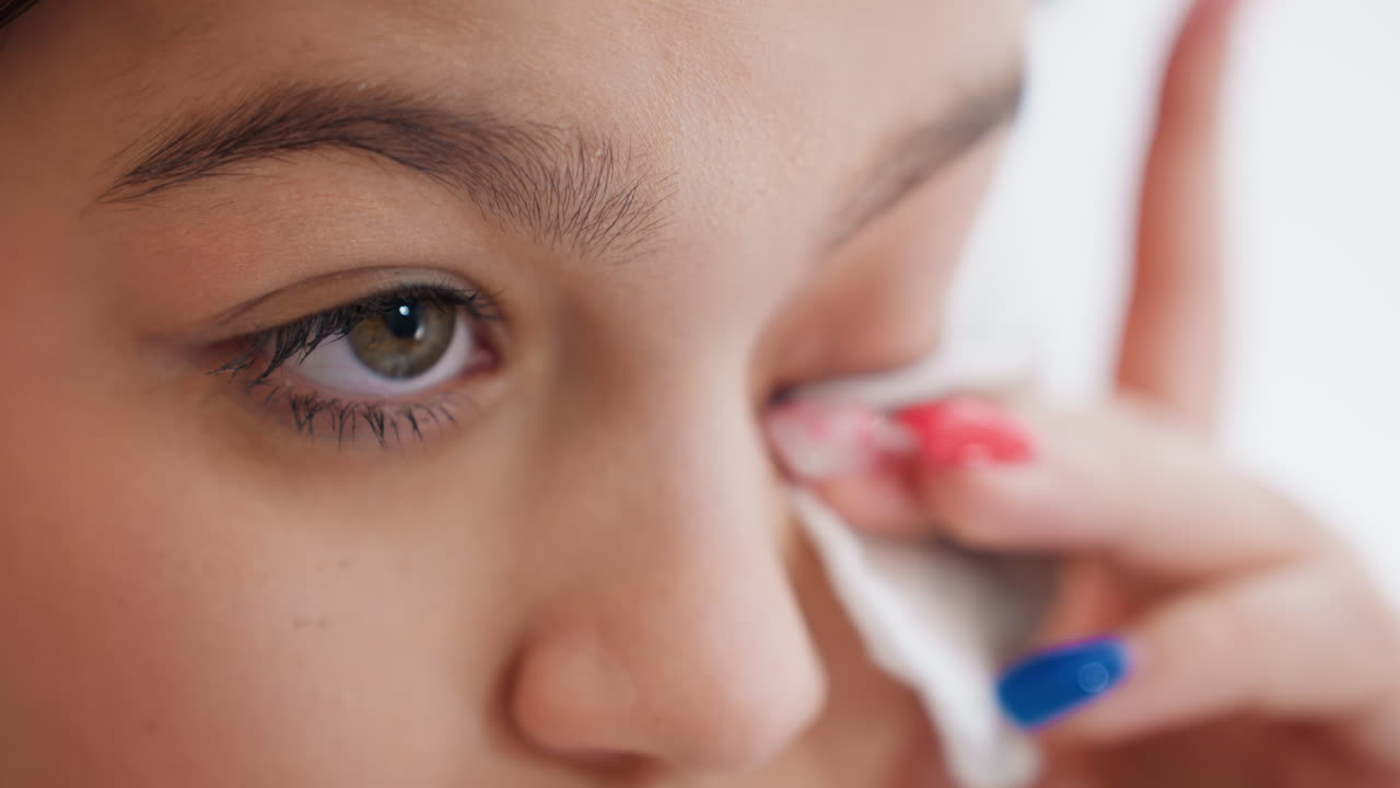 Closeup Of Teen Cleaning Eye Area, Youth Carefully Wiping Delicate Eye With Small Cotton Pad, Teenager Attentively Applying Gentle Strokes To Clean Fragile Eye Region With Cotton Pad