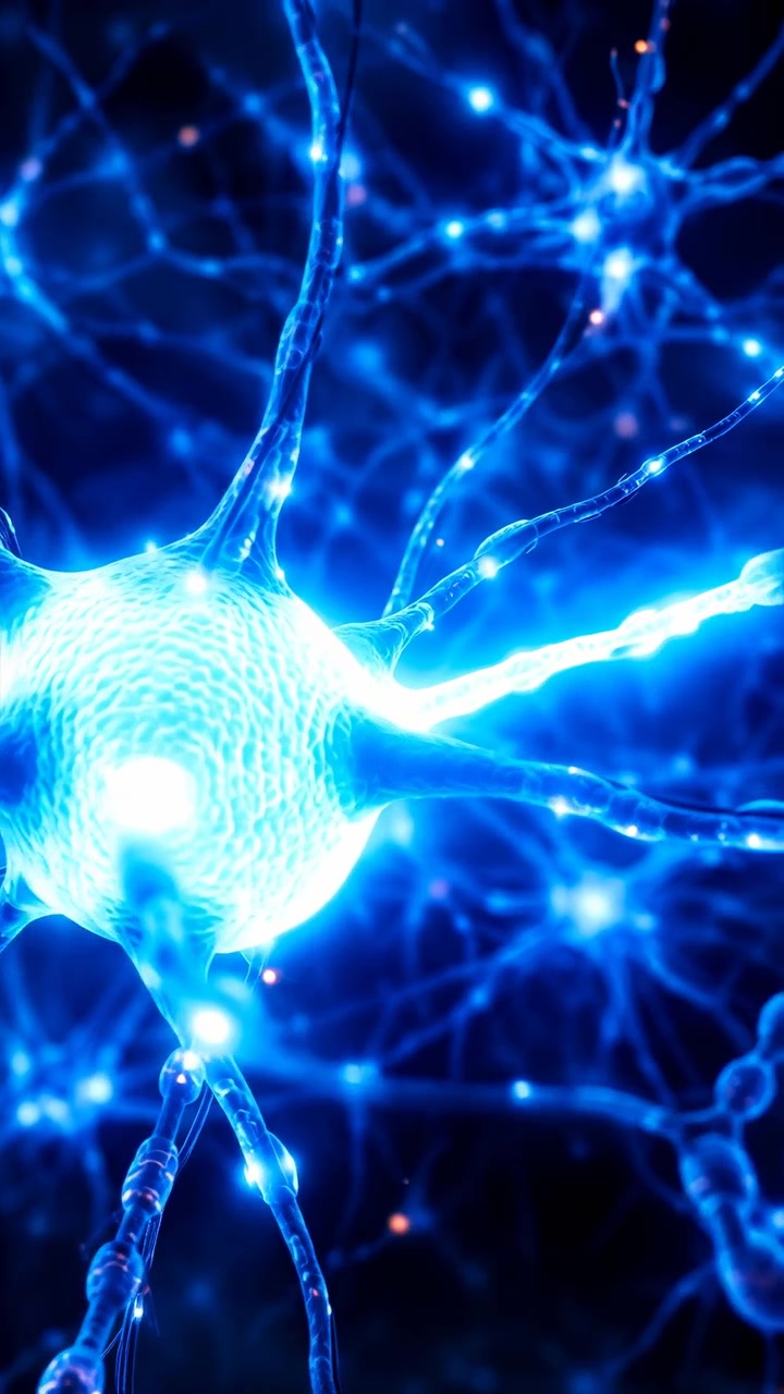 Blue Neuron Network Firing Across Synapses. Microscopic Neural Cells Pulse With Electric Signals And Glowing