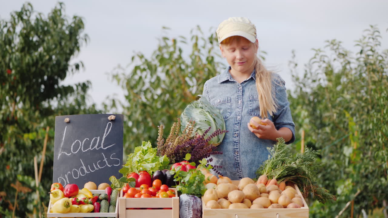 la granjera vende verduras en una feria agrícola y pone verduras en el mostrador