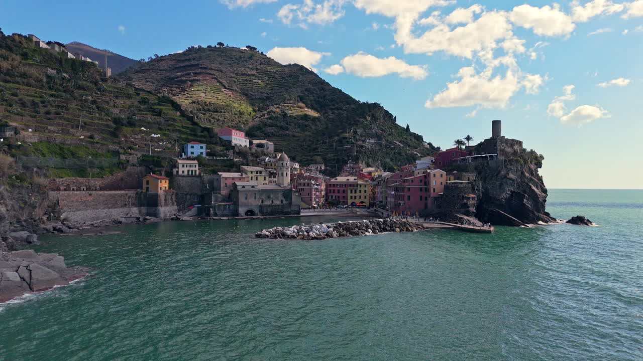 Coastal view of Vernazza, Cinque Terre, Italy with colorful buildings along the shore