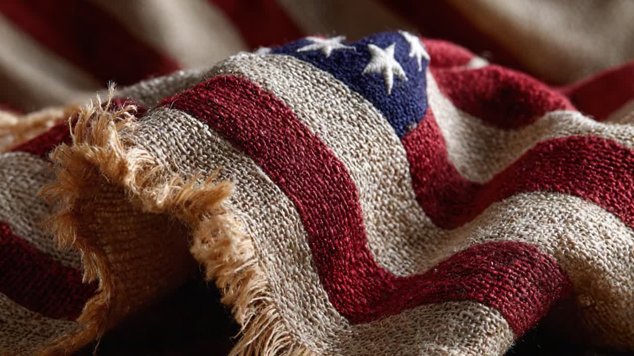 A Close-Up View of a Worn American Flag, Capturing the Texture and Detail of the Fabric, Highlighting the Colors and Stars of the Nation's Symbol