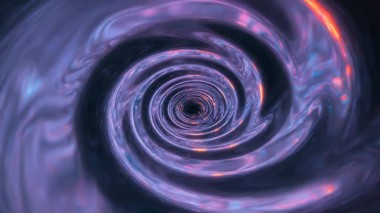Swirling vortex pulling camera inward in CG tunnel, showing shiny glasslike rings toward dark core
