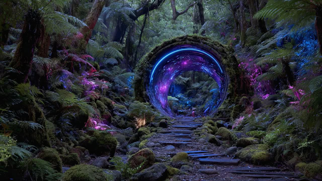 A Mystical Portal in a Lush Forest: An Enchanting Pathway Through an Otherworldly Gateway Surrounded by Vibrant Nature and Glowing Lights