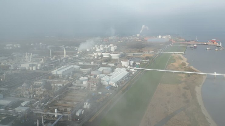Smoke and steam rising of an industrial facility on a river, CO2 emissions, air pollution, exhaust gases, aerial, flight through steam