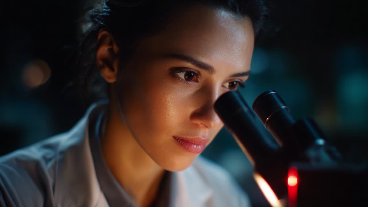 Focused Scientist Analyzing Sample Under Microscope, Capturing the Intensity and Dedication of Research in a Laboratory Setting as She Studies Detailed Biological Structures Carefully
