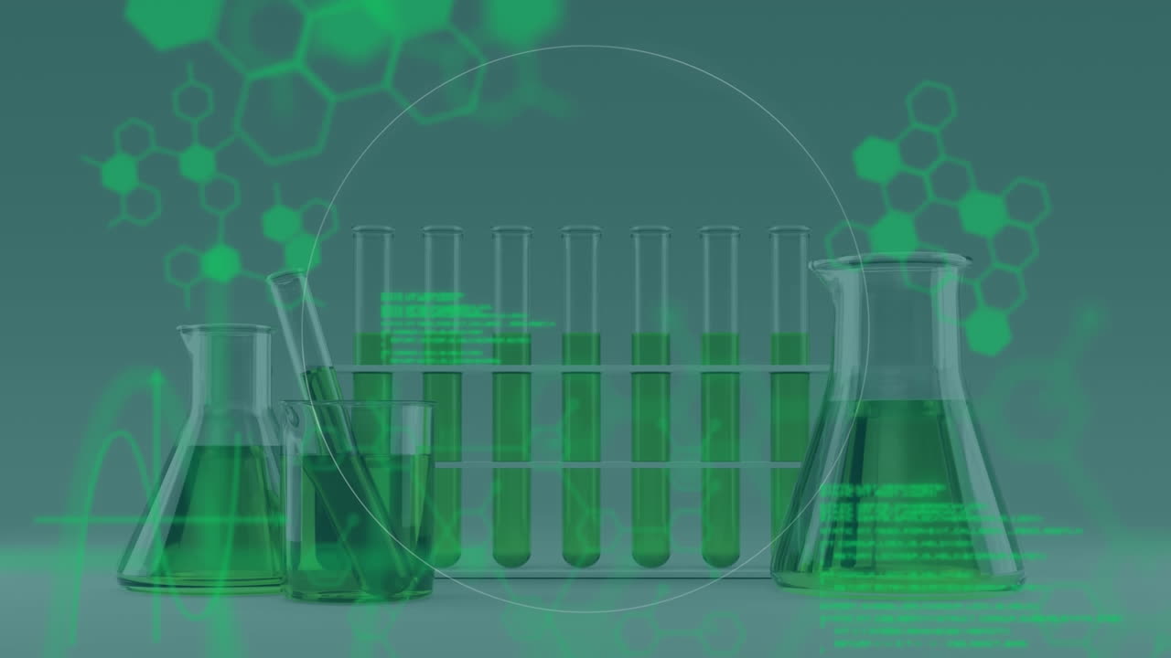박동하는 원과 화학적 구조의 애니메이션, 실험 튜브와 플라스크의 클로즈업