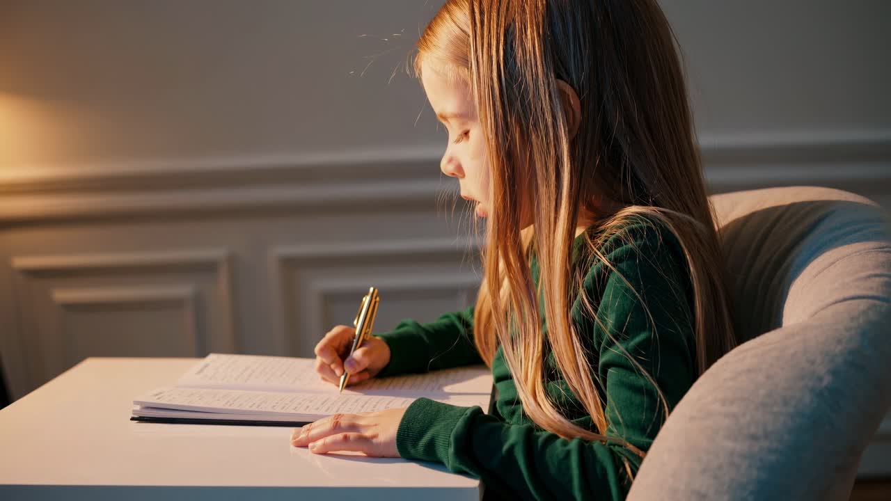 Young girl carefully writing on a notebook while sitting comfortably at a desk in a well lit room, creating a peaceful and focused learning atmosphere