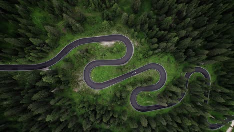 aerial top down of car drive on winding green forest curved road in dolomiti