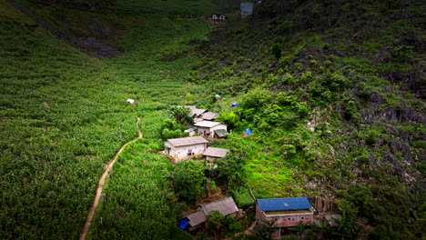 aerial view of remote traditional houses in mountainous northern vietnam