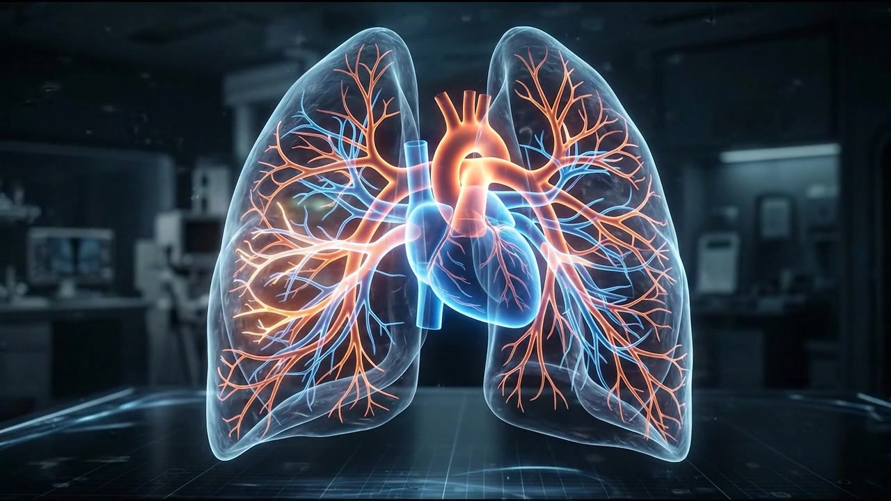 Ologramma di scansione medica 3D di polmoni umani, organo respiratorio