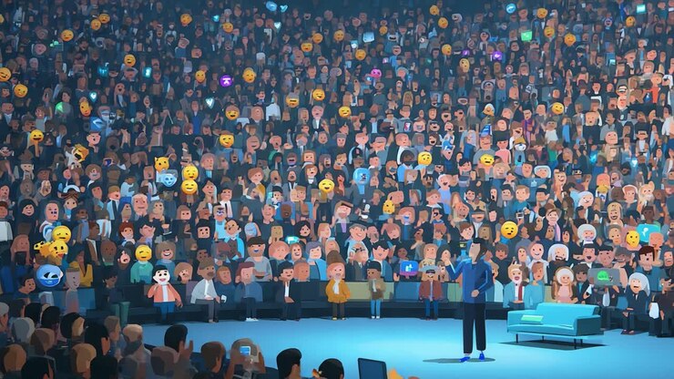 Una vivace folla di personaggi animati si è riunita per un'interessante presentazione, con varie emoji che riflettono le loro emozioni mentre osservano con entusiasmo l'oratore su un palco, creando un'atmosfera vivace piena di eccitazione e aspettative