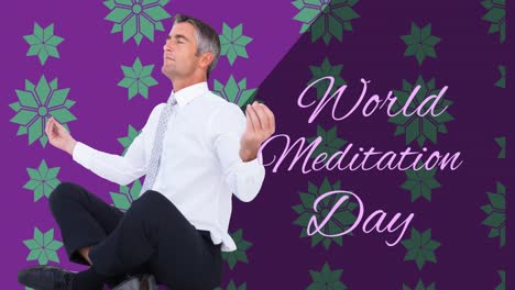 Animación-Del-Texto-Del-Día-Mundial-De-La-Meditación-Con-Un-Hombre-Caucásico-Meditando-Sobre-Fondo-Morado