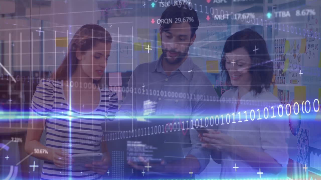 animación de lenguaje informático y gráficos sobre hombres diversos explicando sobre computadora portátil a las mujeres