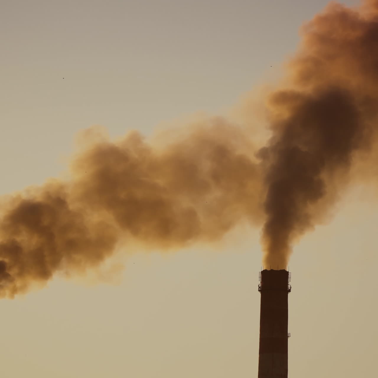 Dirty dense emissions in the air. Two big pipes with massive dark smoke at sunset. Ecological disaster. Air pollution.