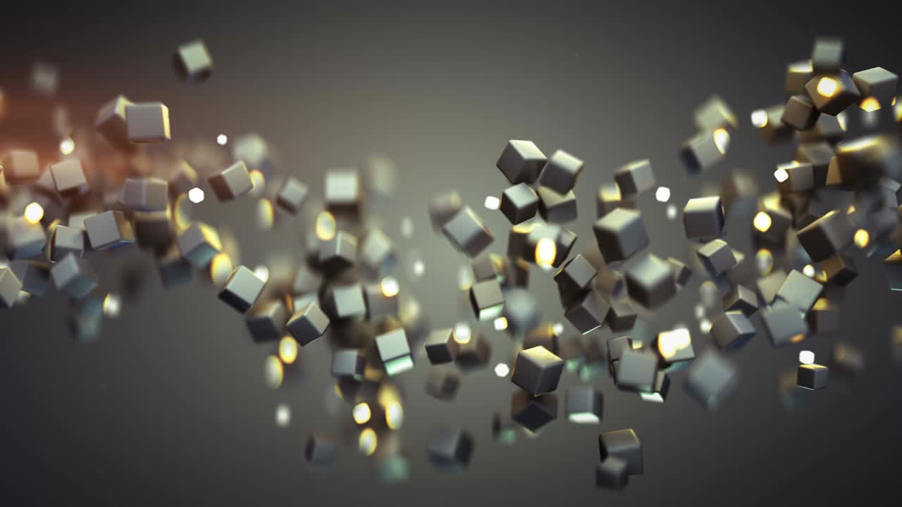Flusso di cubi neri e luminosi caotici, loop continuo, animazione renderizzata in 3D