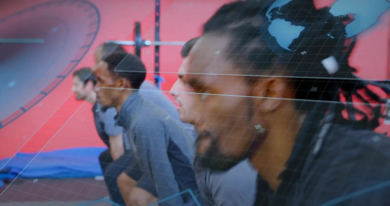 Five men gripping kettlebells starting hip-hinge swings building power in gym, camera tilting