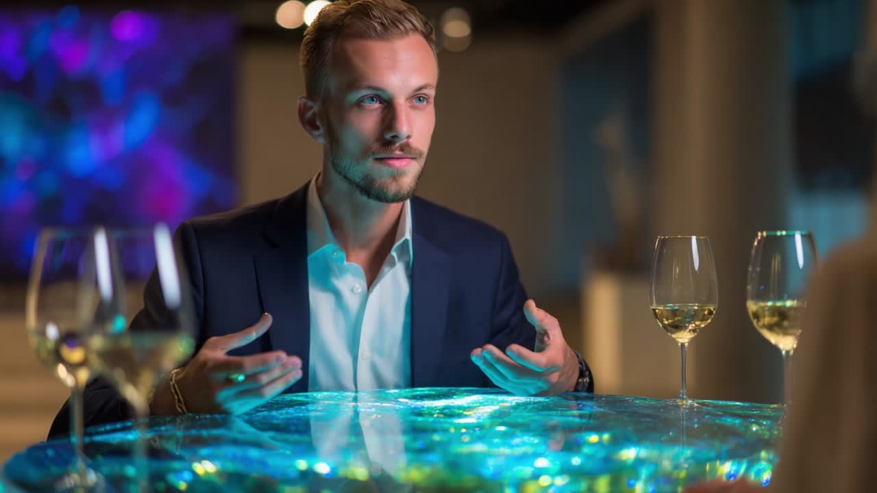 A Thoughtful Conversation Over Drinks: Engaging Dialogue at a Stylish Table with Elegant Glassware and Colorful Lighting, Capturing a Moment of Connection and Reflection