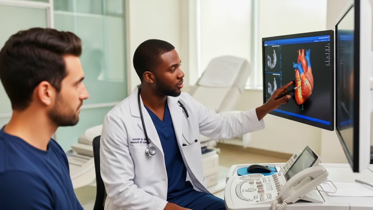 A Healthcare Professional Discusses Cardiac Imaging with a Patient, Highlighting the Importance of Understanding Heart Health through Modern Technology