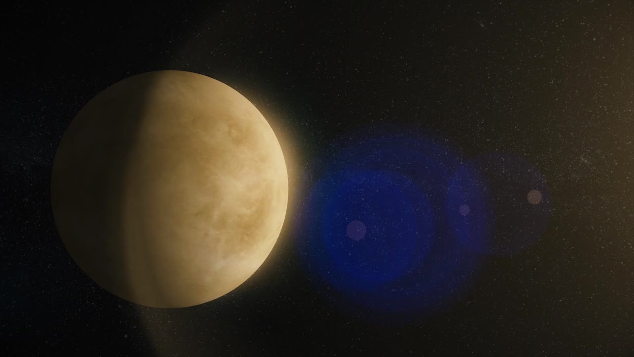 Eine Ansicht der Venus im Weltraum mit Sternen und einer blauen Linsenreflexion