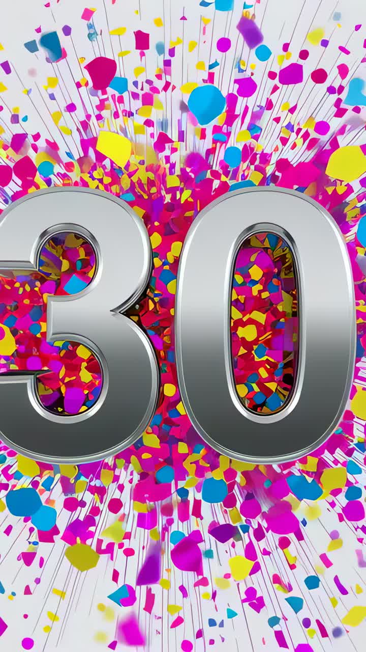 Vertical video: Bursting neon confetti flying from behind chrome 30 on white with streaks, festive