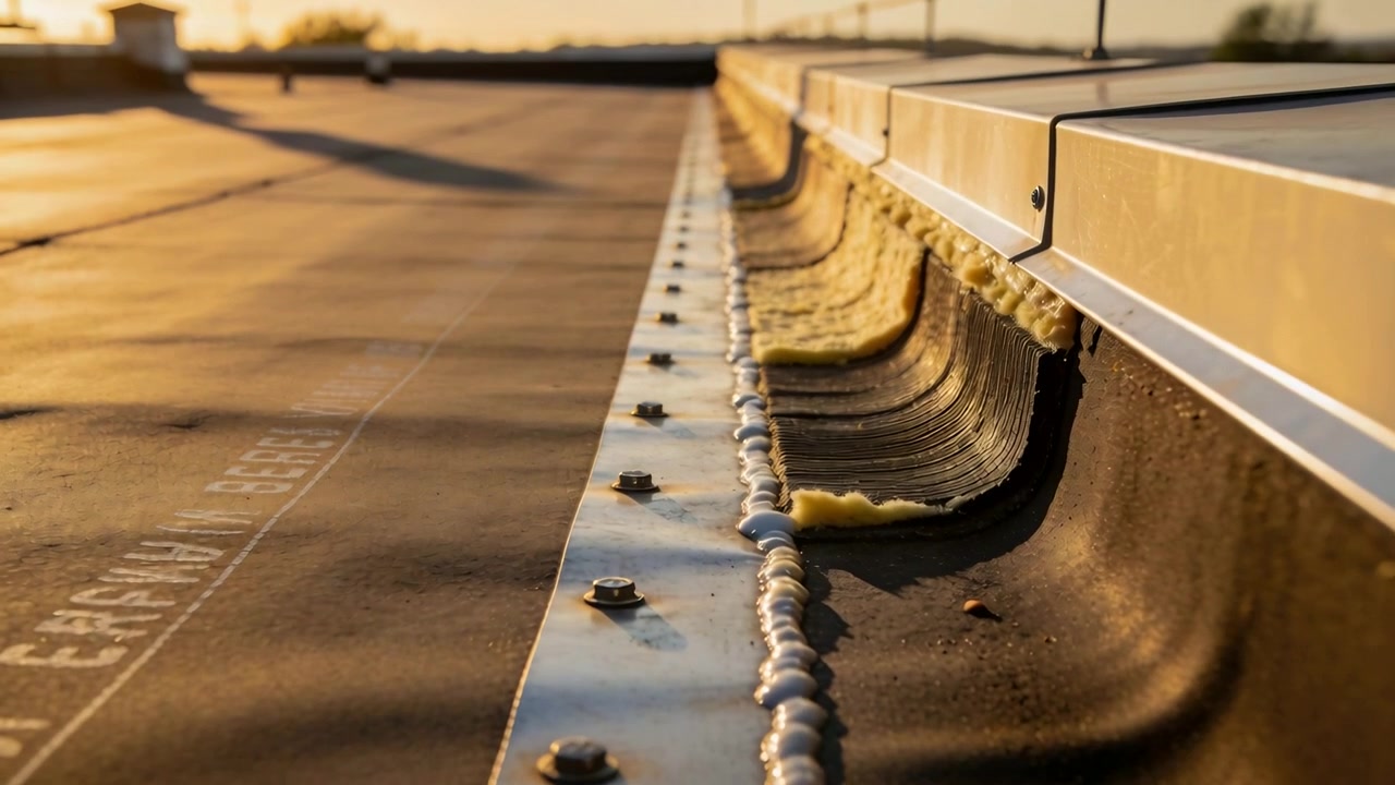Tracking camera moving along metal seam on flat roof at golden-hour, revealing sealant, copy space