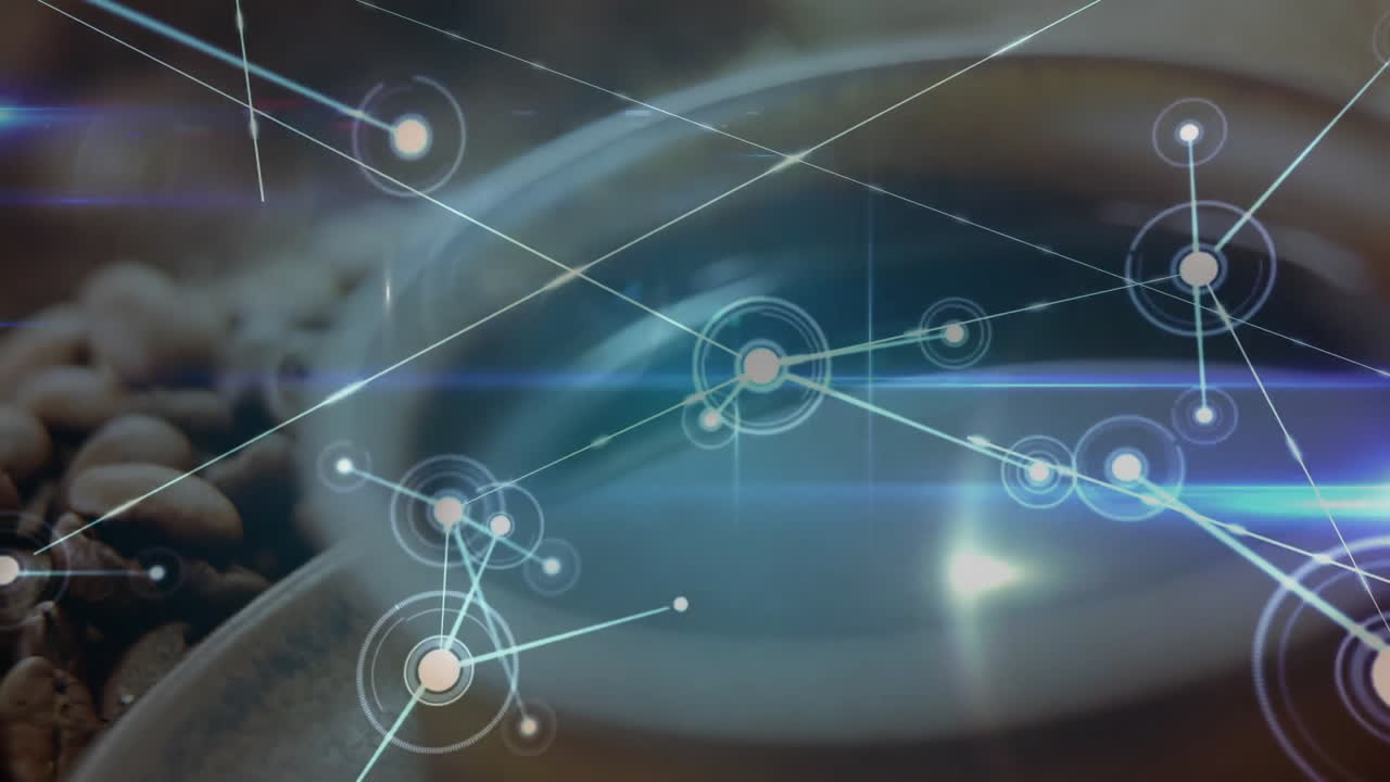 Coffee cup and beans being animated with futuristic network overlay showing nodes and light streaks
