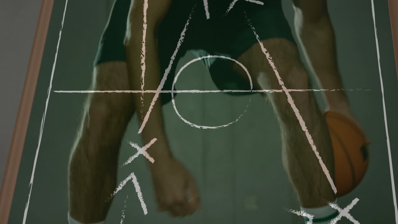 Basketball strategy animation over player dribbling ball