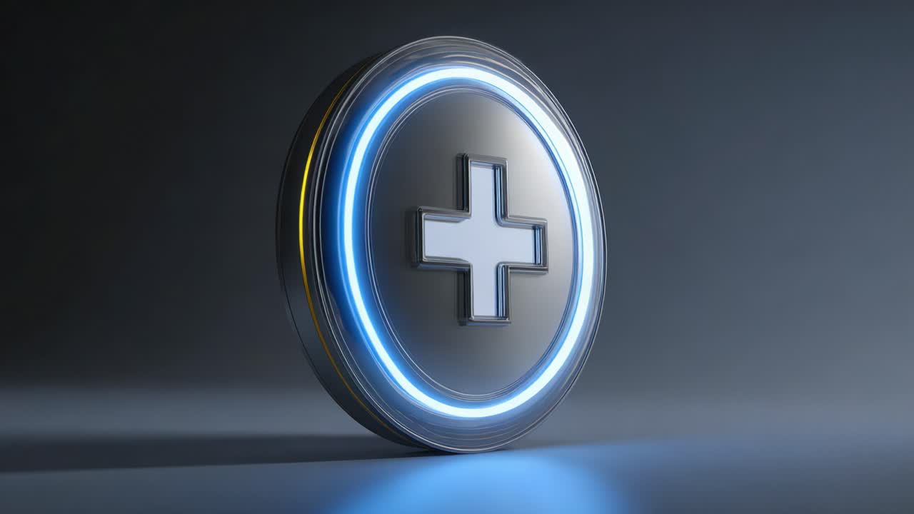 A sleek, illuminated circular button featuring a plus sign, symbolizing addition or health, rendered in a futuristic style with a glowing blue outline, set against a dark background