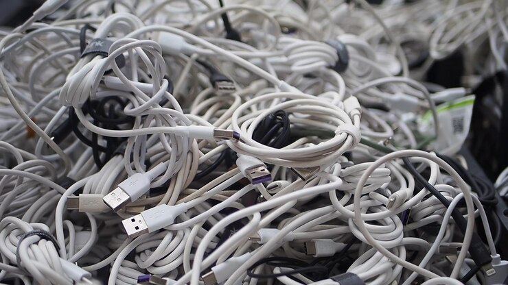 Large Pile of Tangled White USB Charging Cables