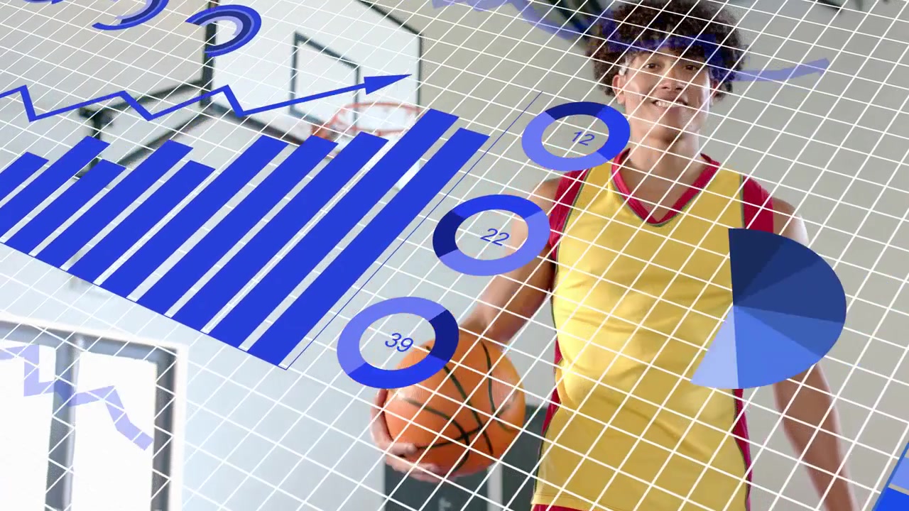 Male basketball player spinning ball under hoop, sparking blue graphs growing, showing sports data