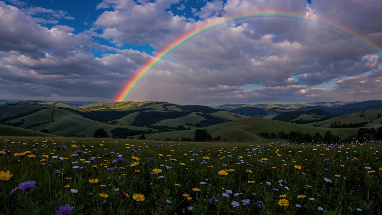 Wide-angle shot of a vibrant meadow with colorful flowers under a rainbow
