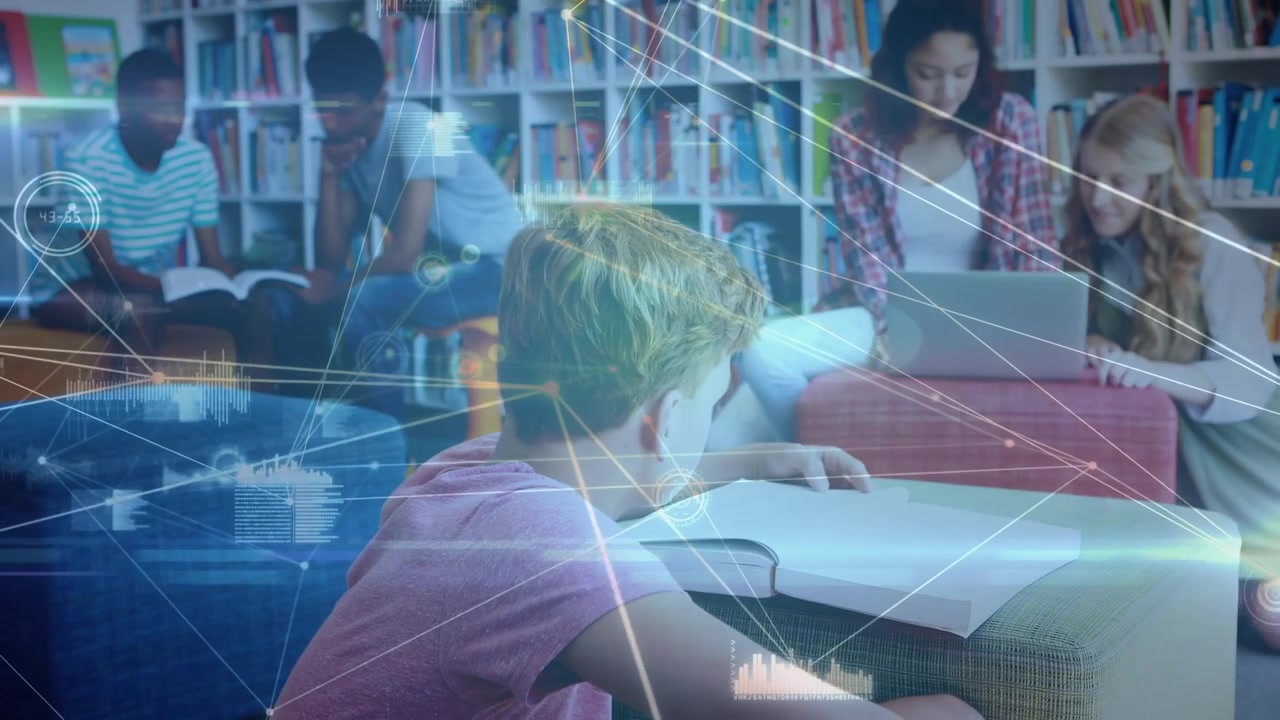Animation of network of connections over diverse school children reading and learning at school